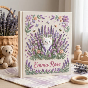 Hand Embroidered Baby Photo Album, Personalized Kitten Baby Book, Custom Name Lavender Floral Nursery Keepsake, Baby Shower Gift
