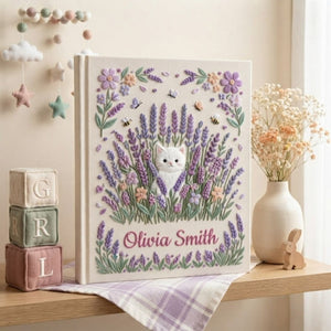 Hand Embroidered Baby Photo Album, Personalized Kitten Baby Book, Custom Name Lavender Floral Nursery Keepsake, Baby Shower Gift
