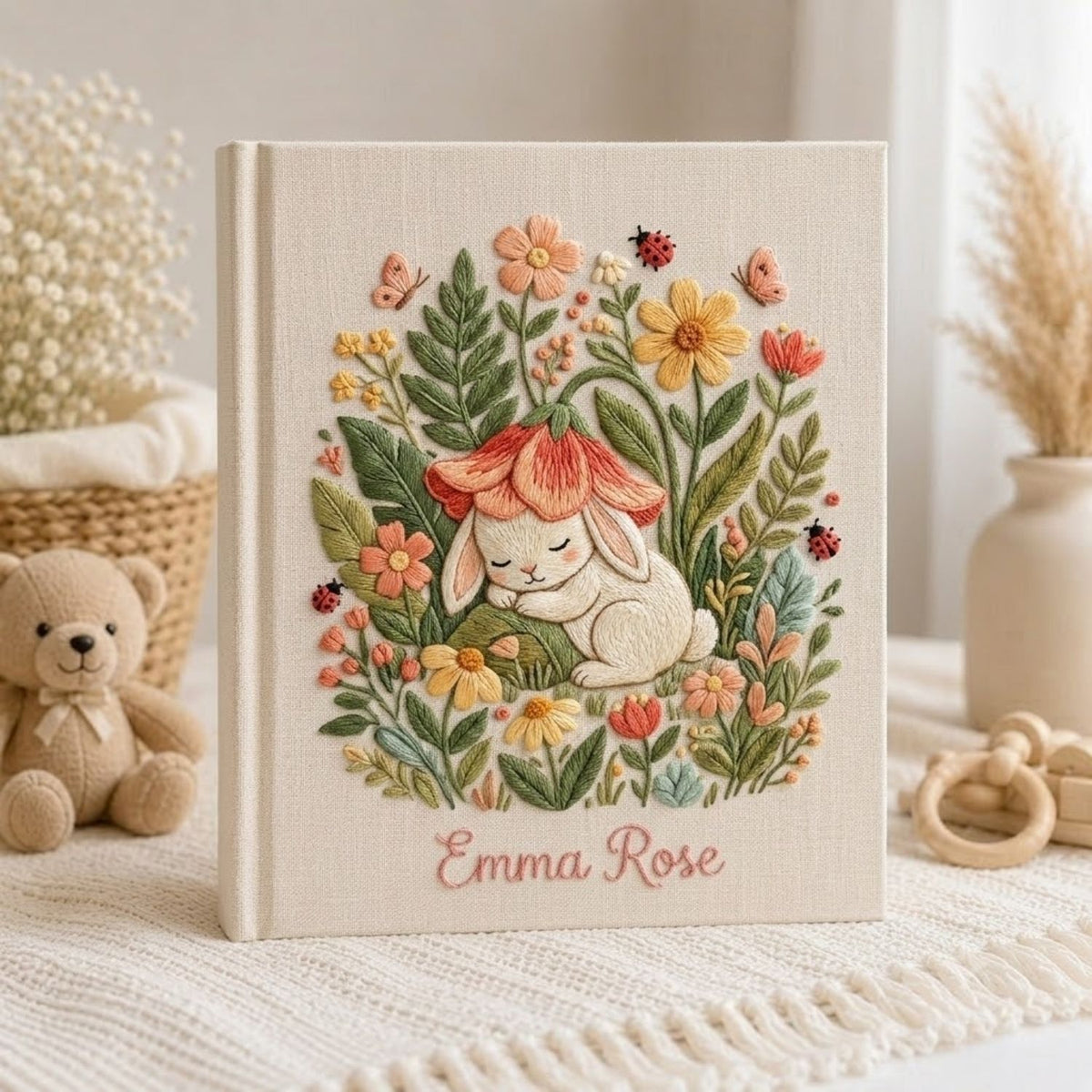 Hand Embroidered Baby Photo Album, Personalized Baby Album, Custom Bunny Memory Book, Woodland Baby Keepsake, Baby Shower Gift