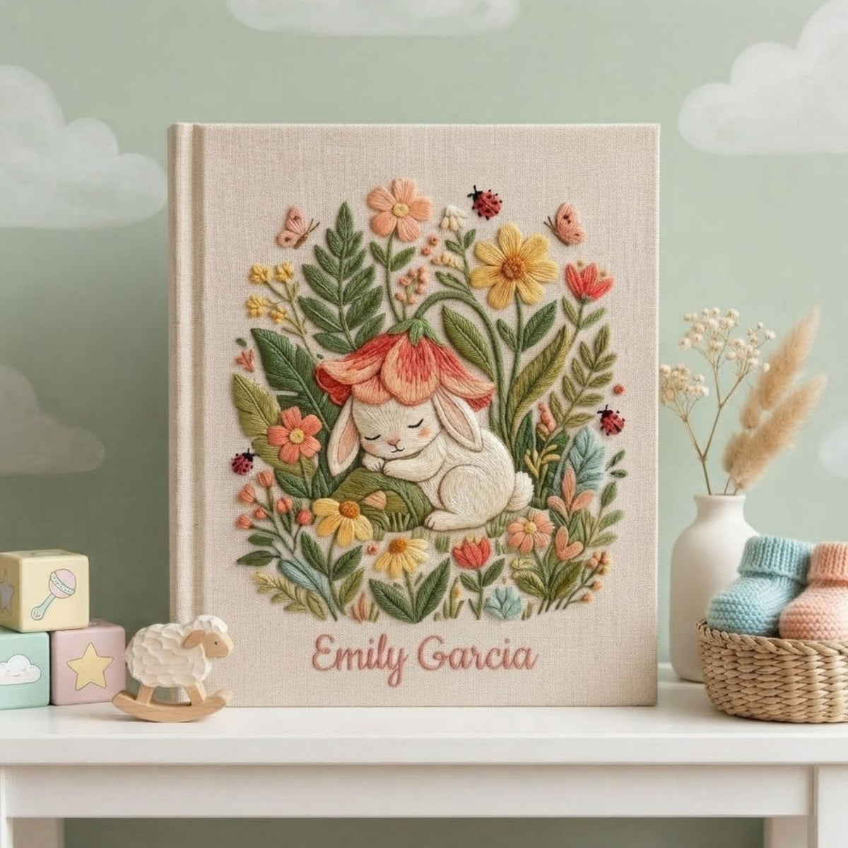Hand Embroidered Baby Photo Album, Personalized Baby Album, Custom Bunny Memory Book, Woodland Baby Keepsake, Baby Shower Gift