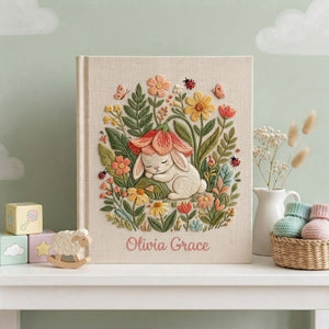 Hand Embroidered Baby Photo Album, Personalized Baby Album, Custom Bunny Memory Book, Woodland Baby Keepsake, Baby Shower Gift