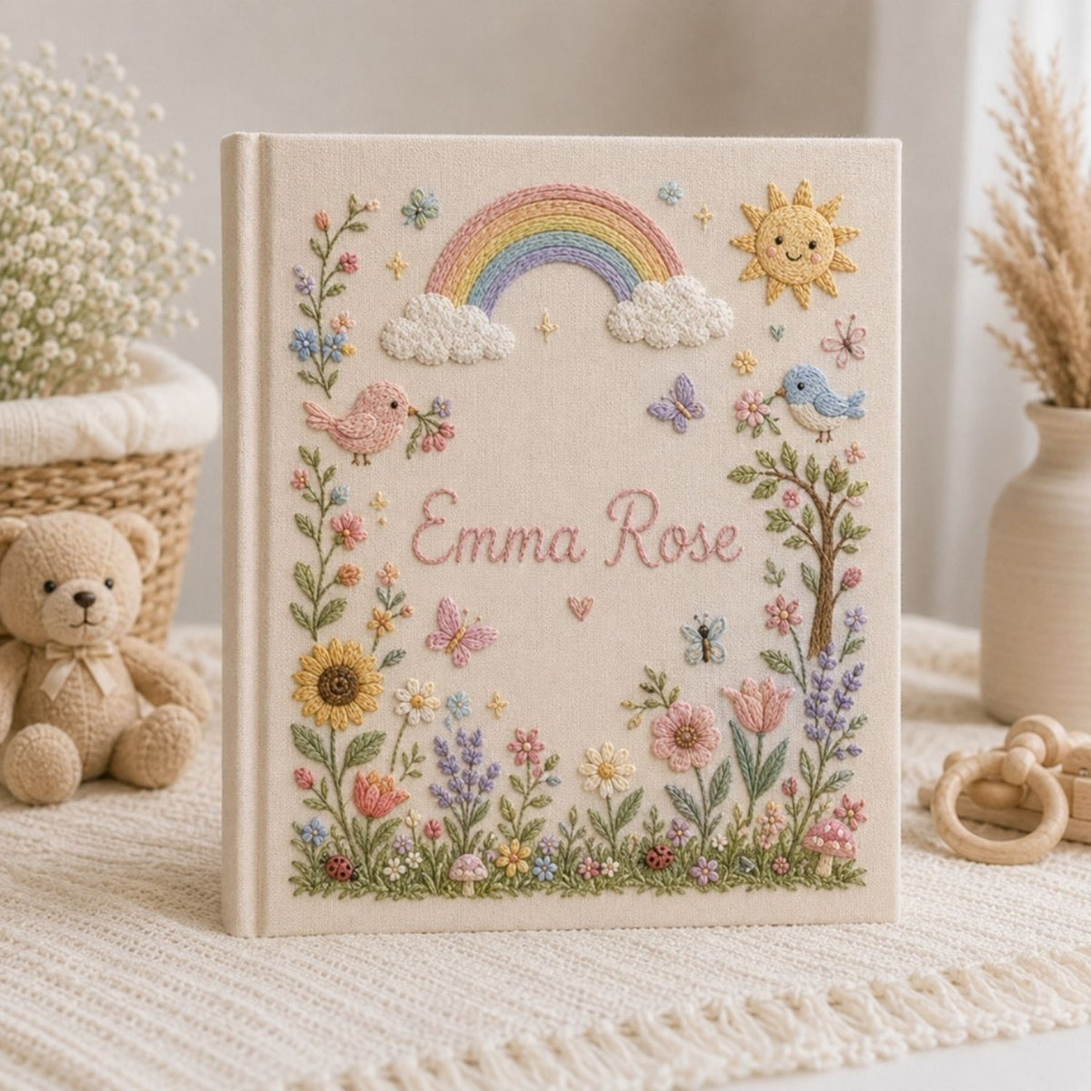 Hand Embroidered Baby Photo Album, Personalized Baby Album, Custom Rainbow Memory Book, Floral Nursery Keepsake, Baby Shower Gift
