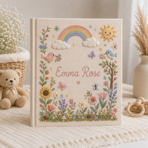 Hand Embroidered Baby Photo Album, Personalized Baby Album, Custom Rainbow Memory Book, Floral Nursery Keepsake, Baby Shower Gift