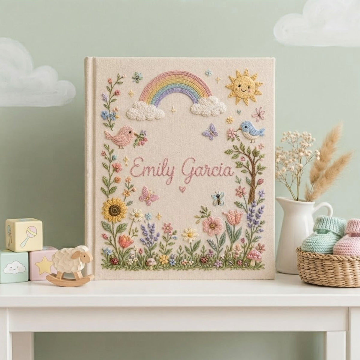 Hand Embroidered Baby Photo Album, Personalized Baby Album, Custom Rainbow Memory Book, Floral Nursery Keepsake, Baby Shower Gift