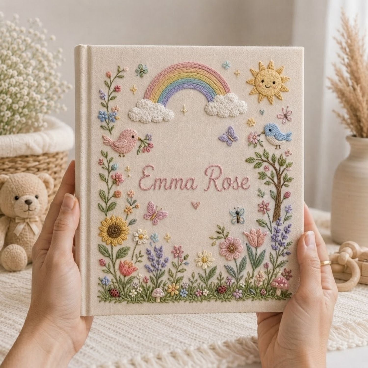 Hand Embroidered Baby Photo Album, Personalized Baby Album, Custom Rainbow Memory Book, Floral Nursery Keepsake, Baby Shower Gift