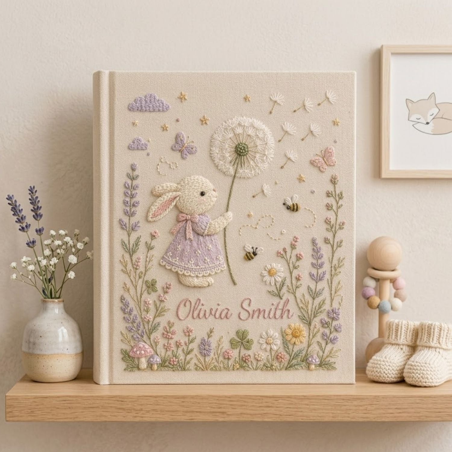 Hand Embroidered Baby Photo Album, Personalized Bunny Baby Album, Custom Baby Memory Book, Dandelion Keepsake, Baby Shower Gift