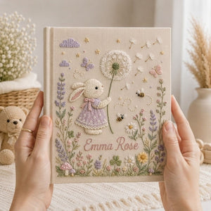 Hand Embroidered Baby Photo Album, Personalized Bunny Baby Album, Custom Baby Memory Book, Dandelion Keepsake, Baby Shower Gift