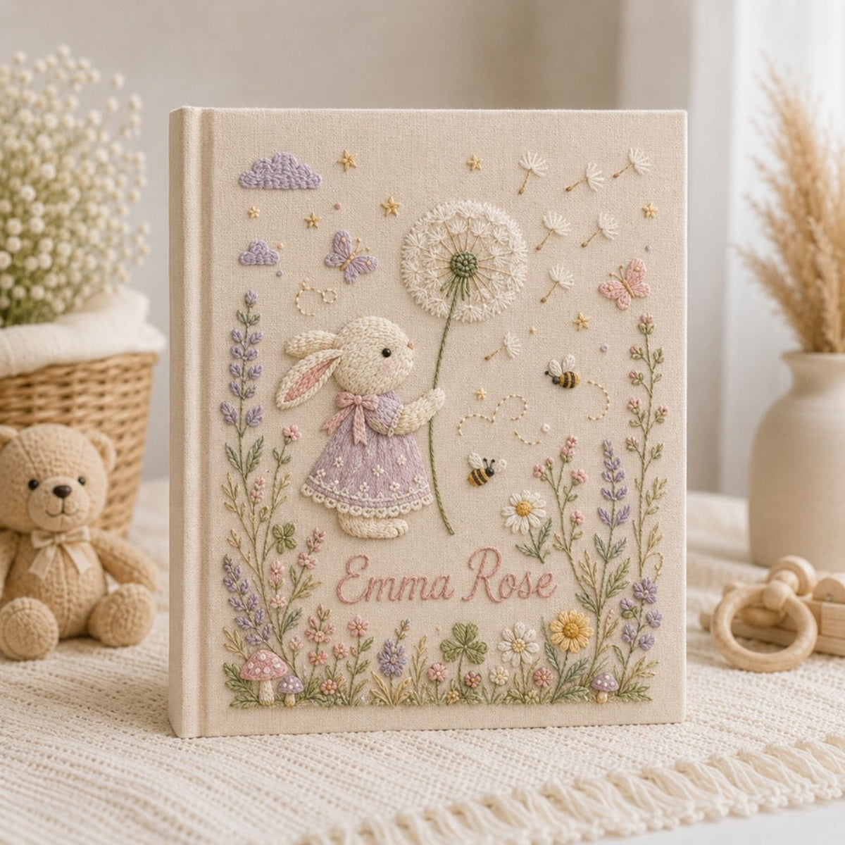 Hand Embroidered Baby Photo Album, Personalized Bunny Baby Album, Custom Baby Memory Book, Dandelion Keepsake, Baby Shower Gift