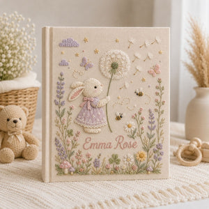 Hand Embroidered Baby Photo Album, Personalized Bunny Baby Album, Custom Baby Memory Book, Dandelion Keepsake, Baby Shower Gift