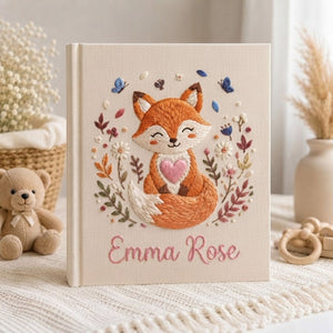 Hand Embroidered Baby Photo Album, Personalized Woodland Fox Baby Album, Custom Baby Memory Book, Baby Keepsake Gift, Nursery Decor