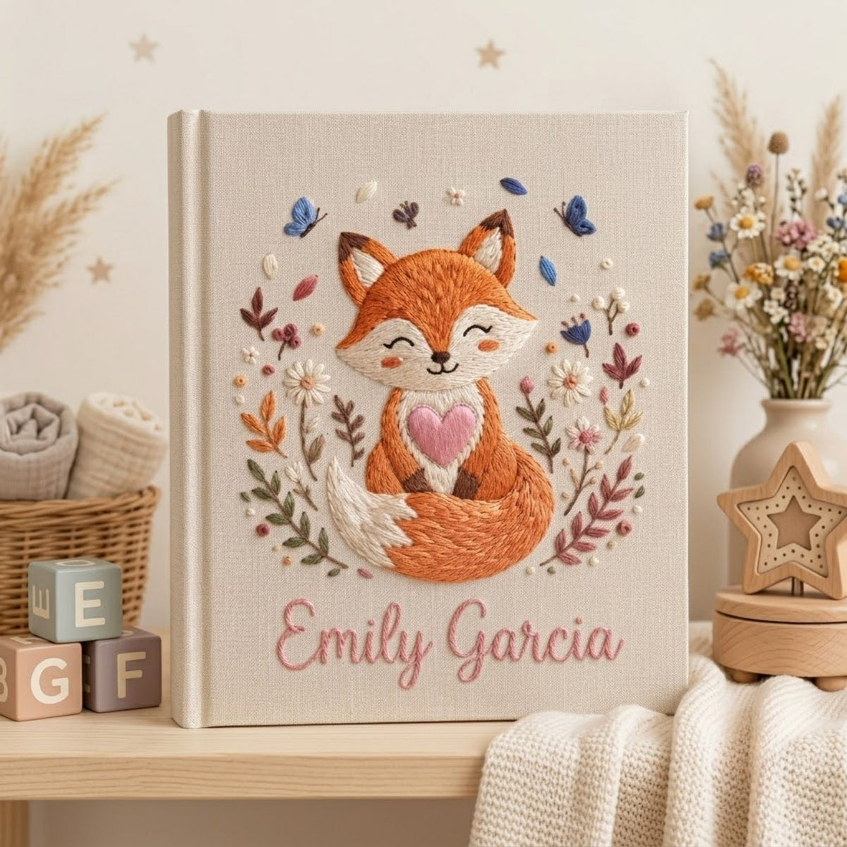 Hand Embroidered Baby Photo Album, Personalized Woodland Fox Baby Album, Custom Baby Memory Book, Baby Keepsake Gift, Nursery Decor