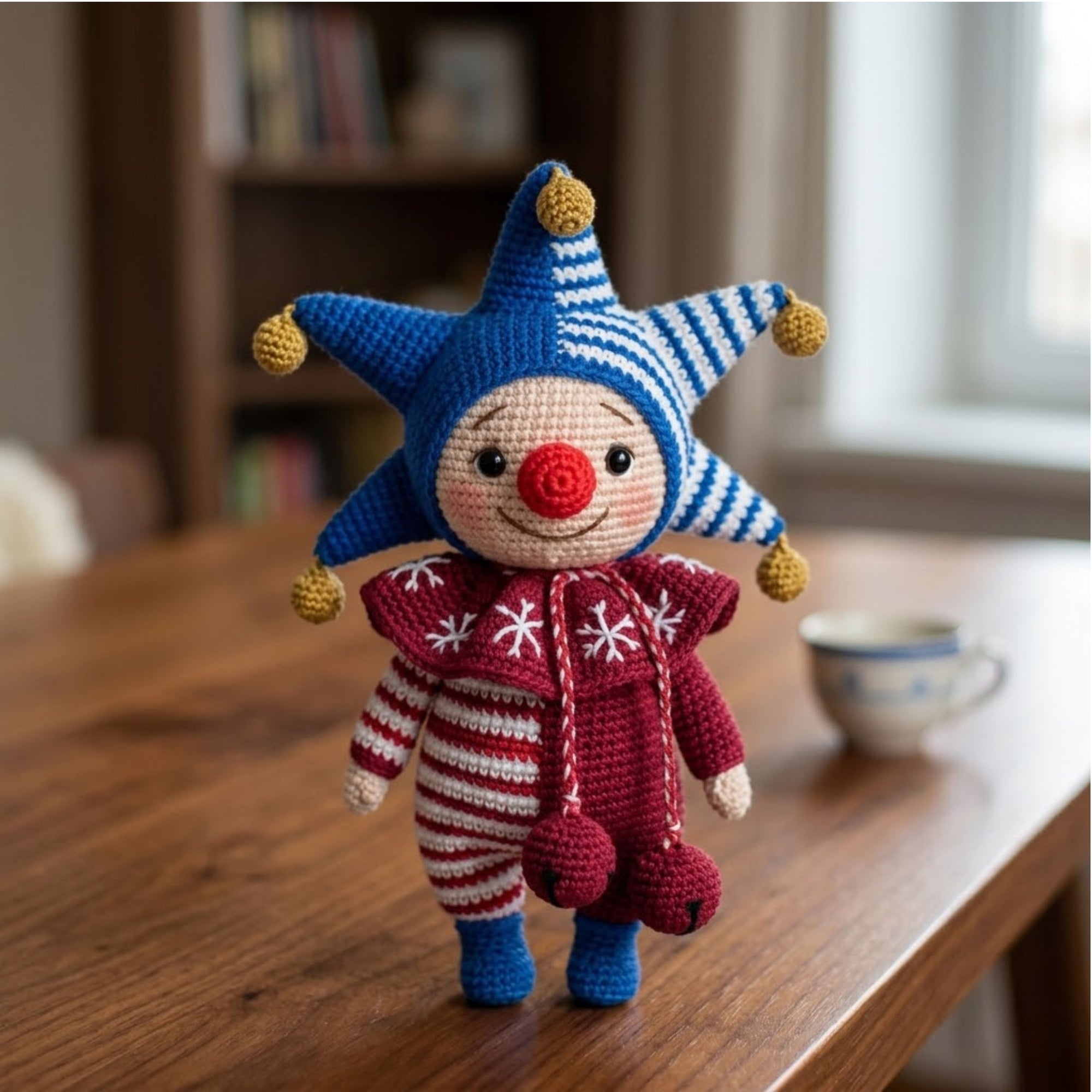 Crochet Jester Clown Plush, Handmade Amigurumi Circus Doll with Blue Star Hat, Red Nose, Cute Nursery Decor Gift for Kids Collectors Toy Set