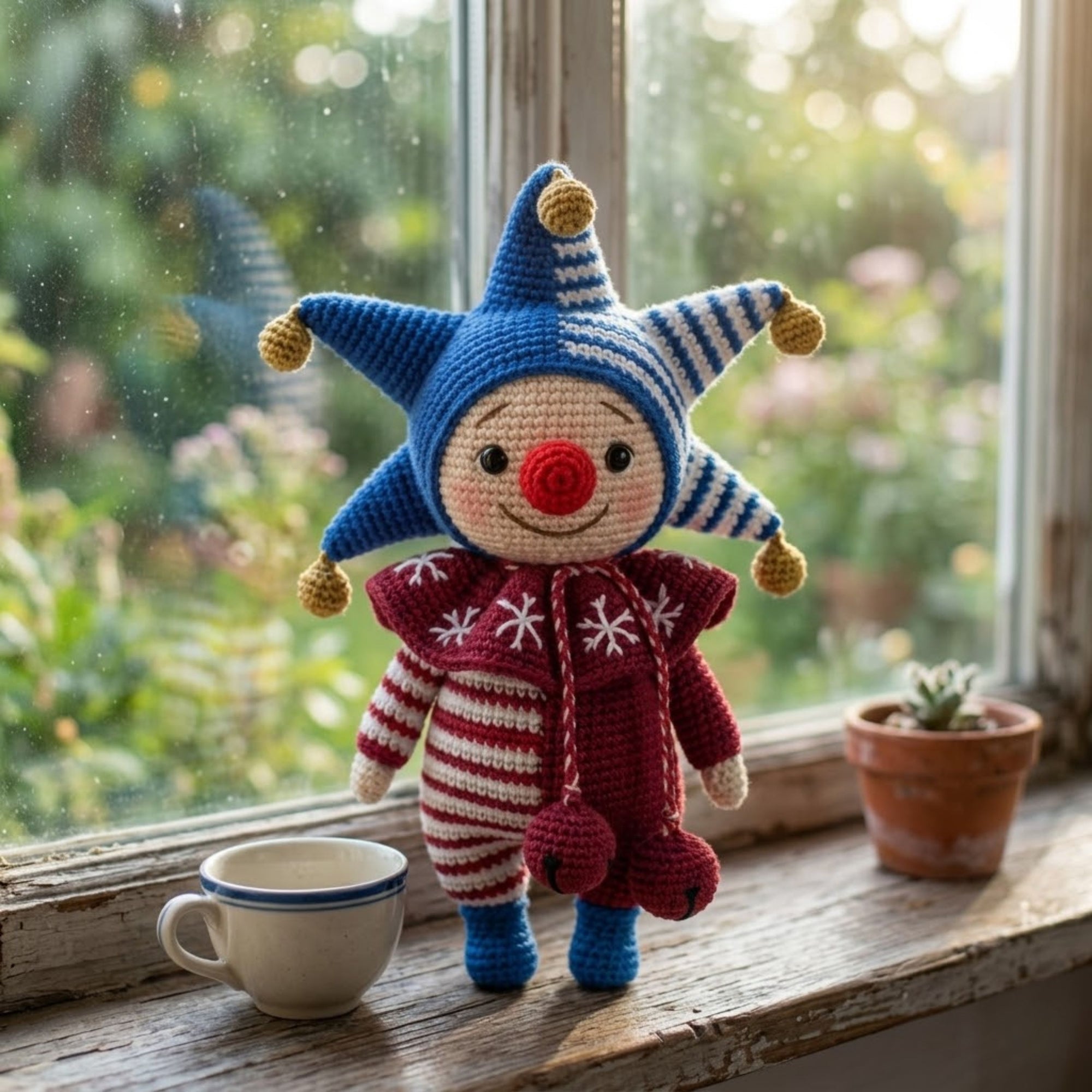 Crochet Jester Clown Plush, Handmade Amigurumi Circus Doll with Blue Star Hat, Red Nose, Cute Nursery Decor Gift for Kids Collectors Toy Set