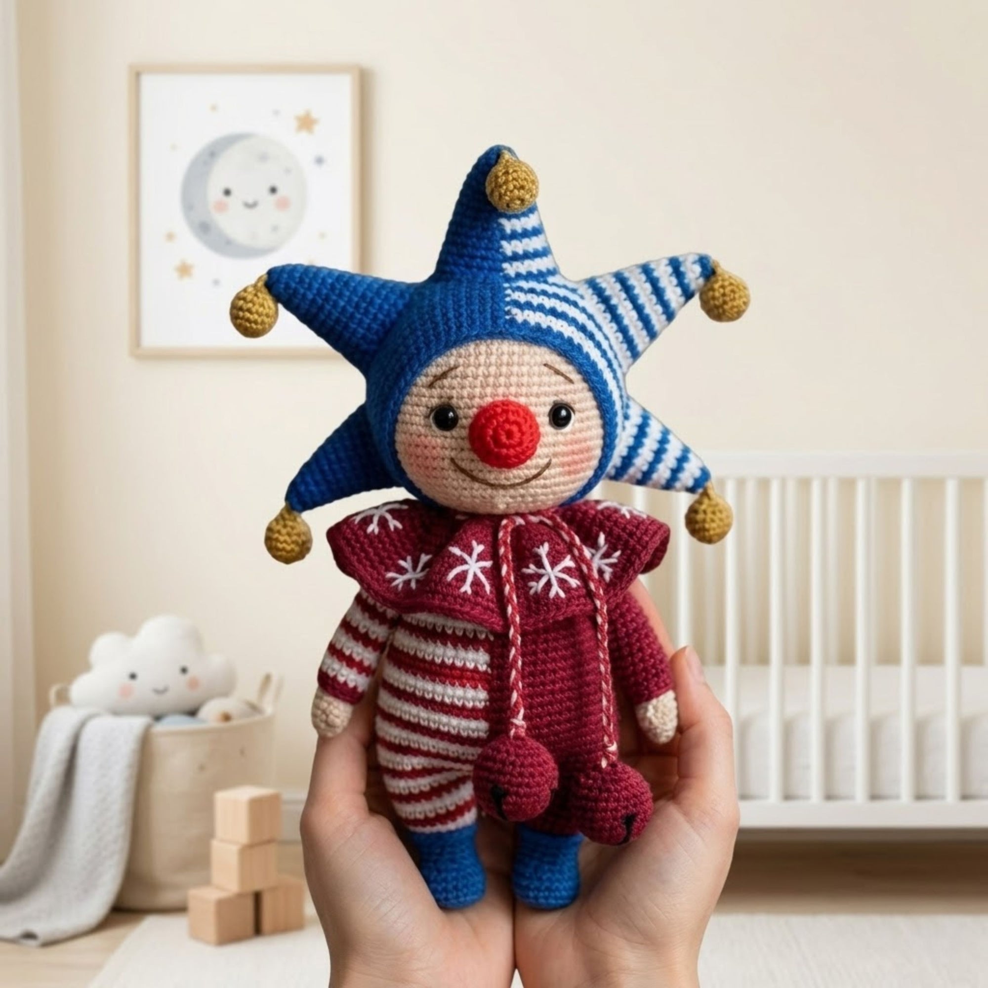 Crochet Jester Clown Plush, Handmade Amigurumi Circus Doll with Blue Star Hat, Red Nose, Cute Nursery Decor Gift for Kids Collectors Toy Set