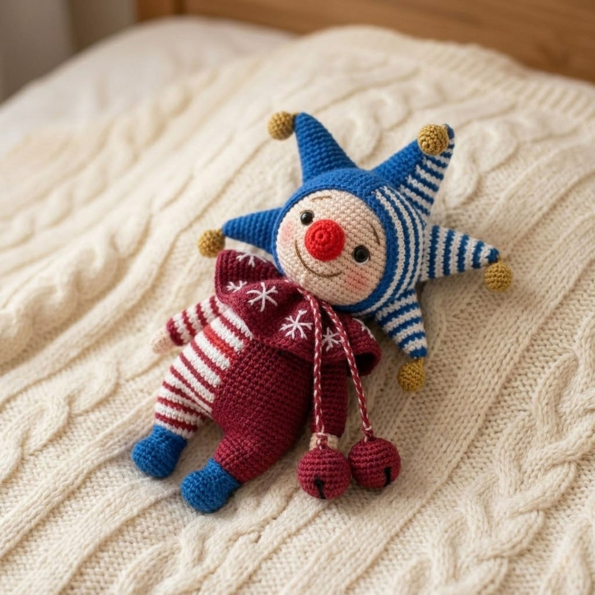 Crochet Jester Clown Plush, Handmade Amigurumi Circus Doll with Blue Star Hat, Red Nose, Cute Nursery Decor Gift for Kids Collectors Toy Set