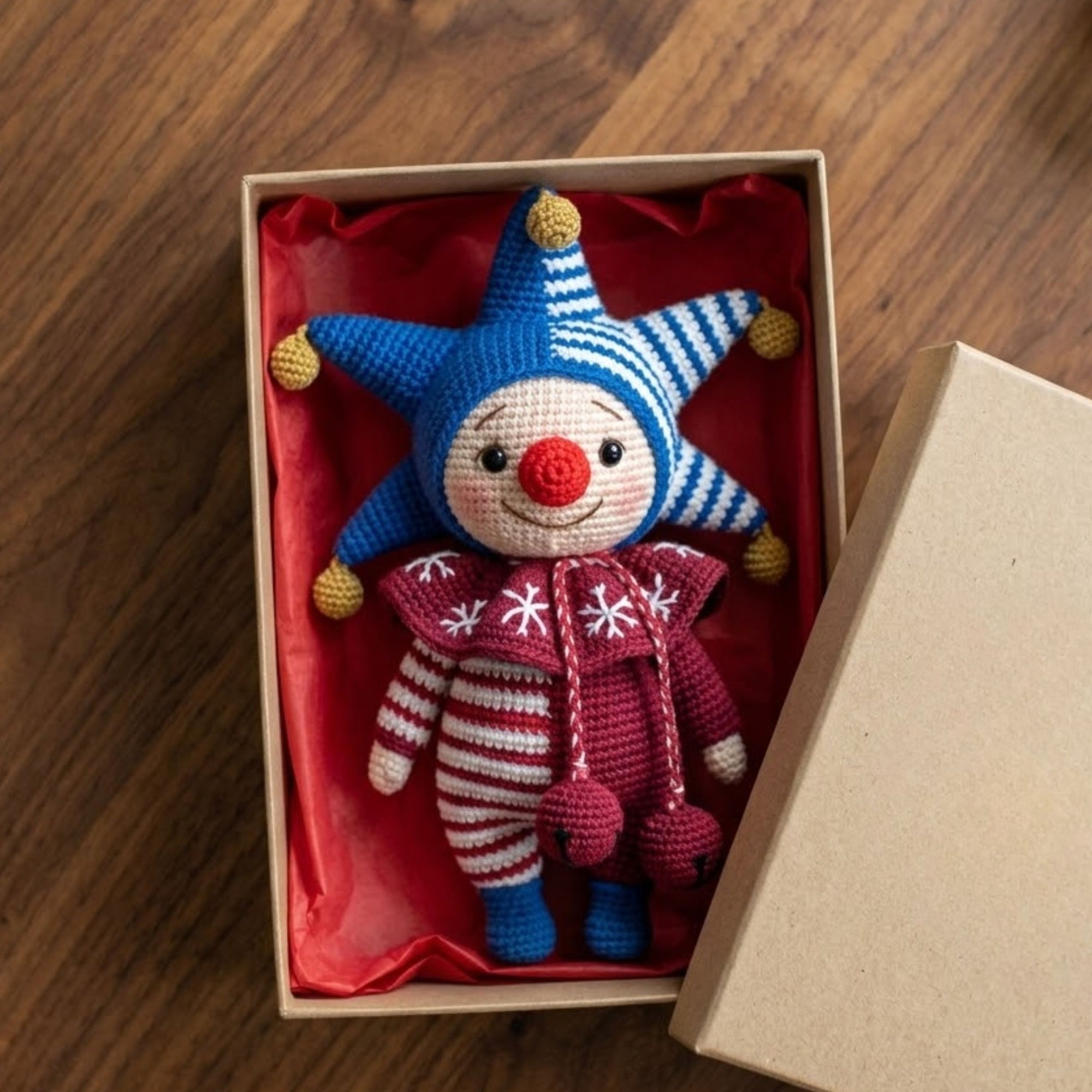Crochet Jester Clown Plush, Handmade Amigurumi Circus Doll with Blue Star Hat, Red Nose, Cute Nursery Decor Gift for Kids Collectors Toy Set