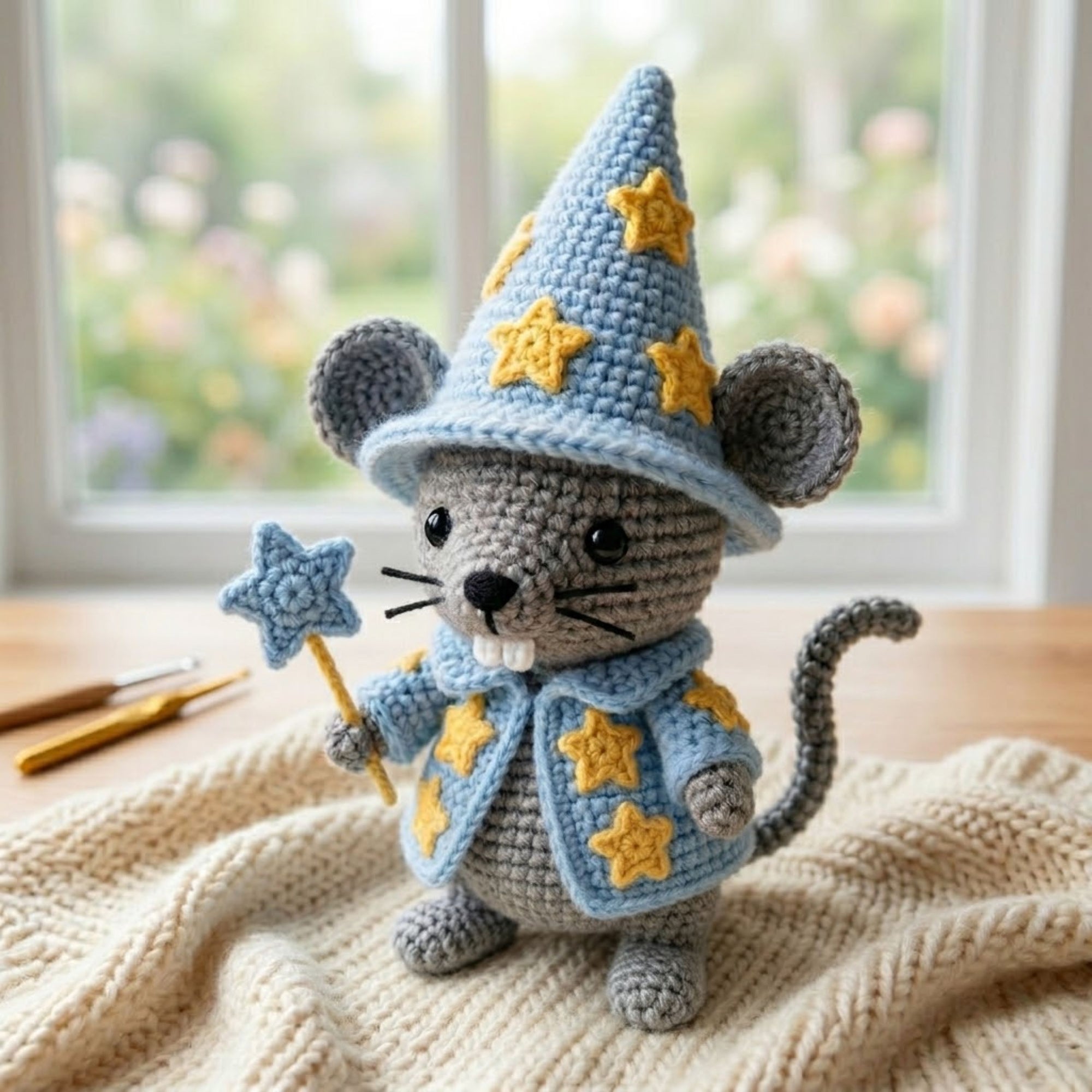 Wizard Mouse Crochet Plush, Handmade Amigurumi Star Mage Doll, Kawaii Fantasy Mouse Toy, Cute Nursery Decor, Magic Wand Gift, Shelf Display