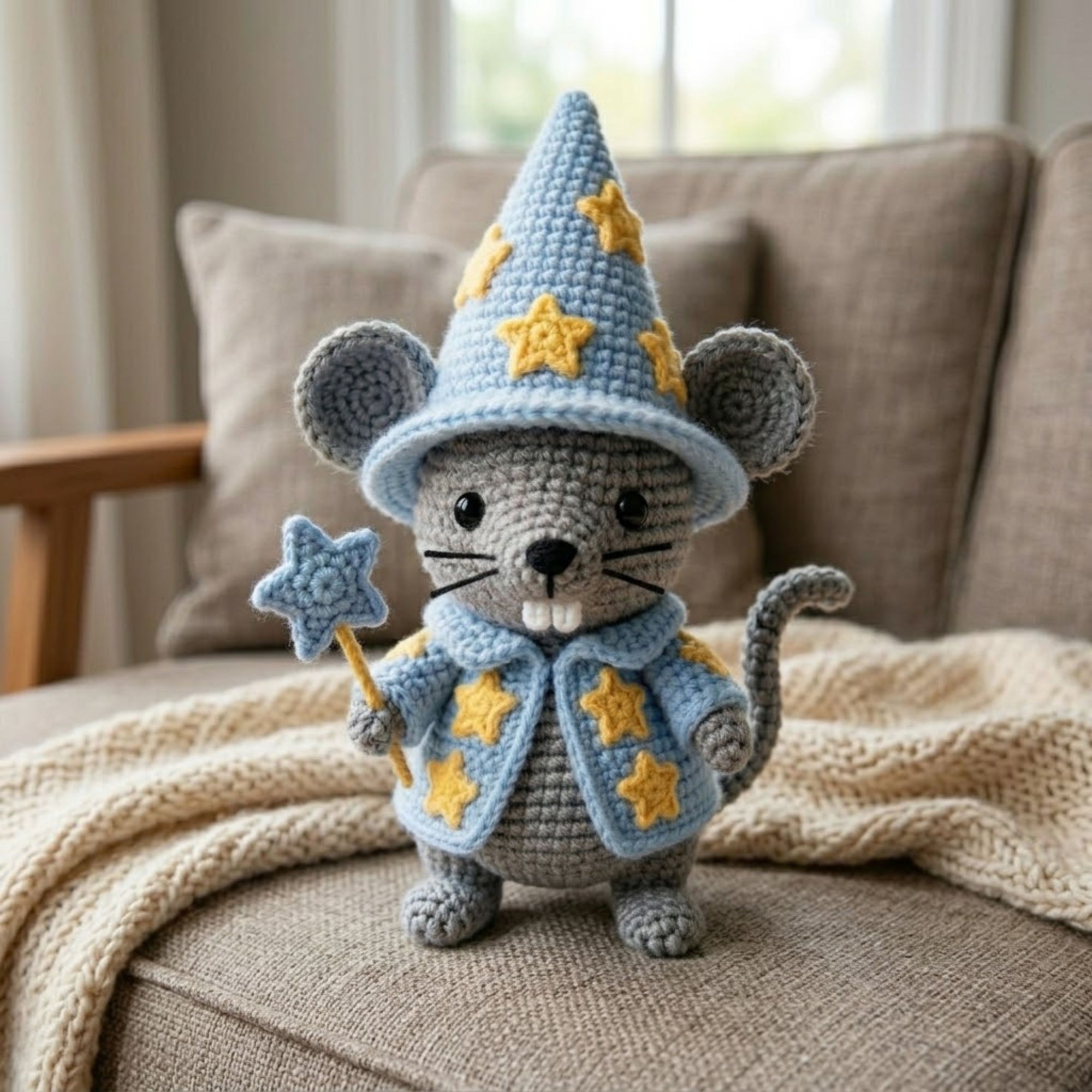 Wizard Mouse Crochet Plush, Handmade Amigurumi Star Mage Doll, Kawaii Fantasy Mouse Toy, Cute Nursery Decor, Magic Wand Gift, Shelf Display