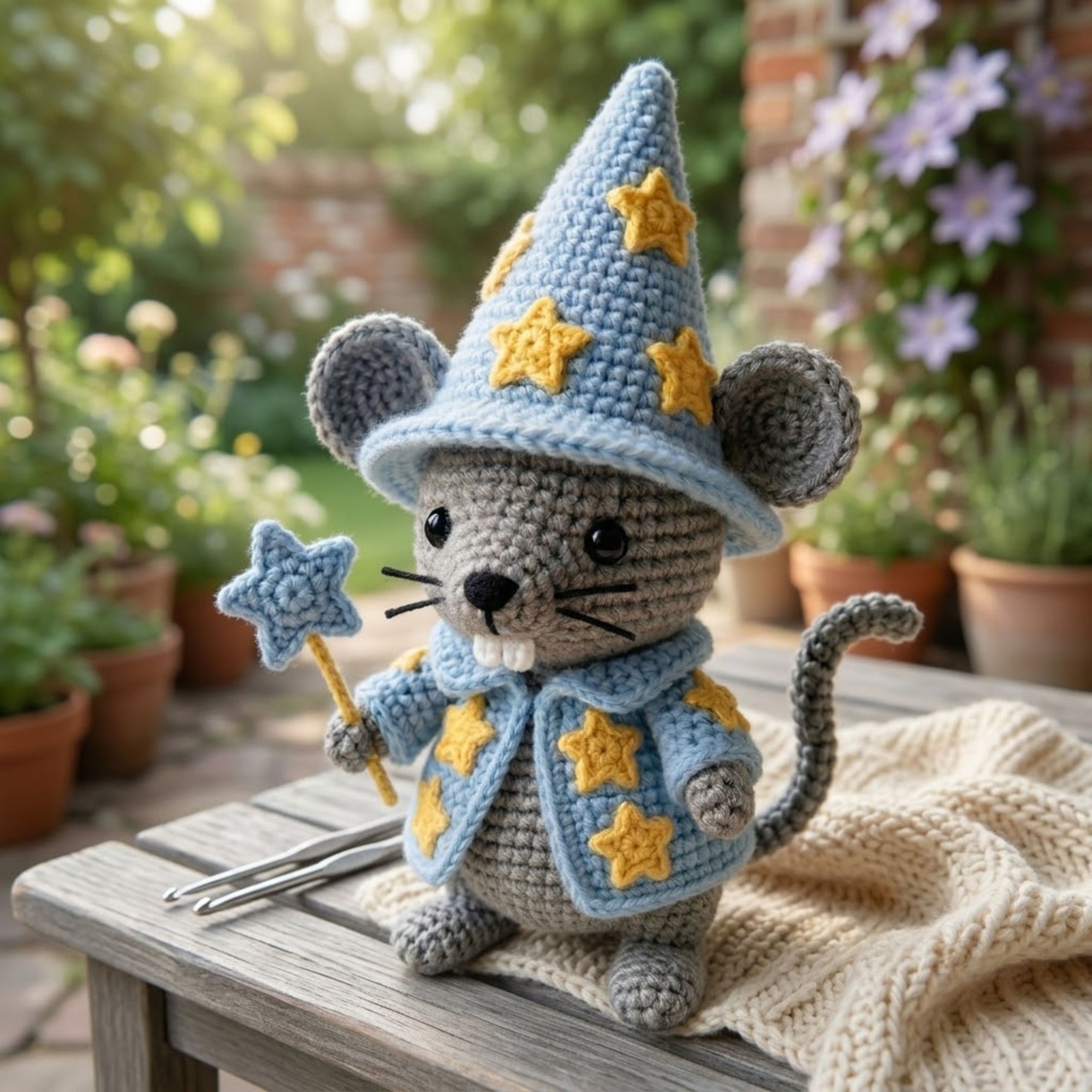 Wizard Mouse Crochet Plush, Handmade Amigurumi Star Mage Doll, Kawaii Fantasy Mouse Toy, Cute Nursery Decor, Magic Wand Gift, Shelf Display