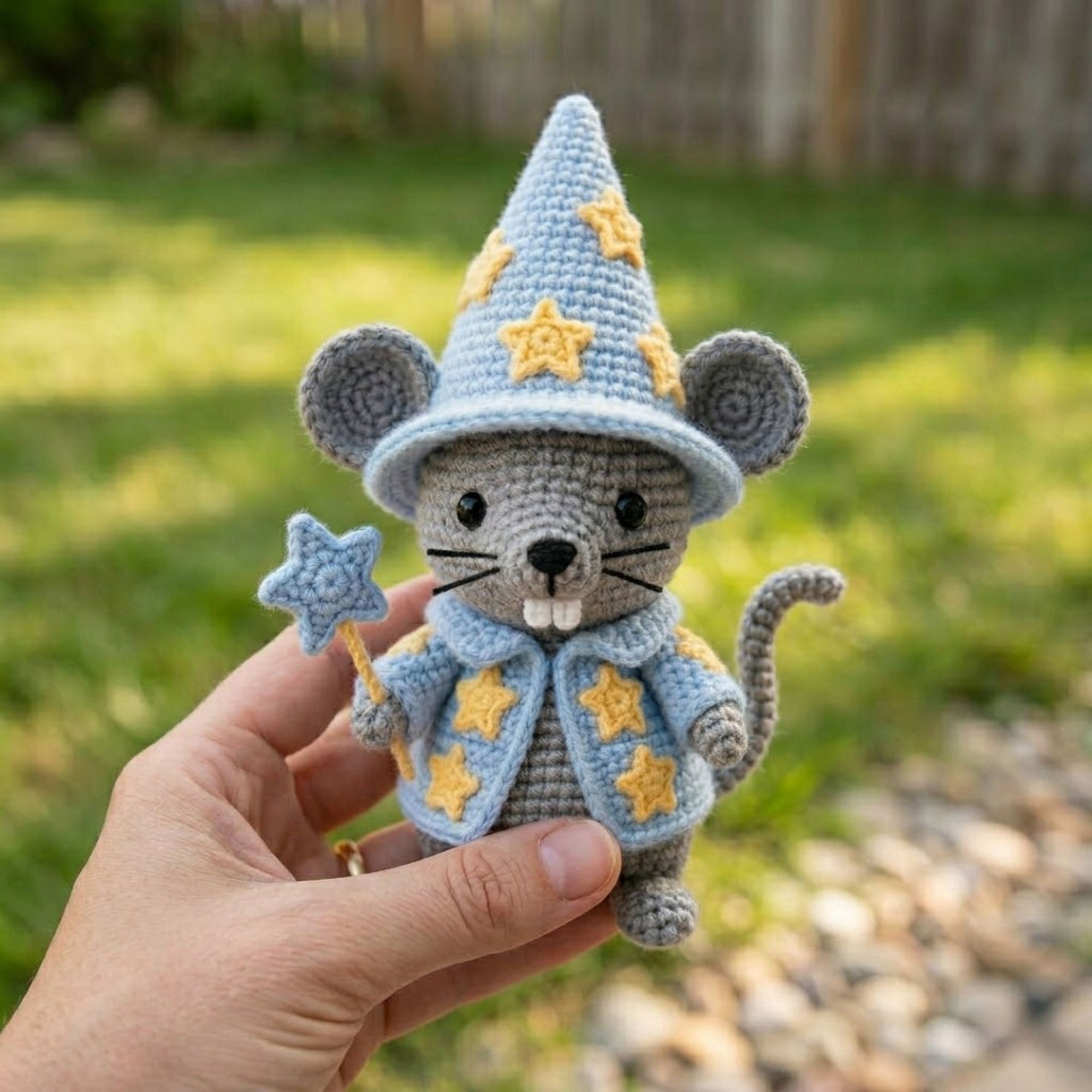 Wizard Mouse Crochet Plush, Handmade Amigurumi Star Mage Doll, Kawaii Fantasy Mouse Toy, Cute Nursery Decor, Magic Wand Gift, Shelf Display