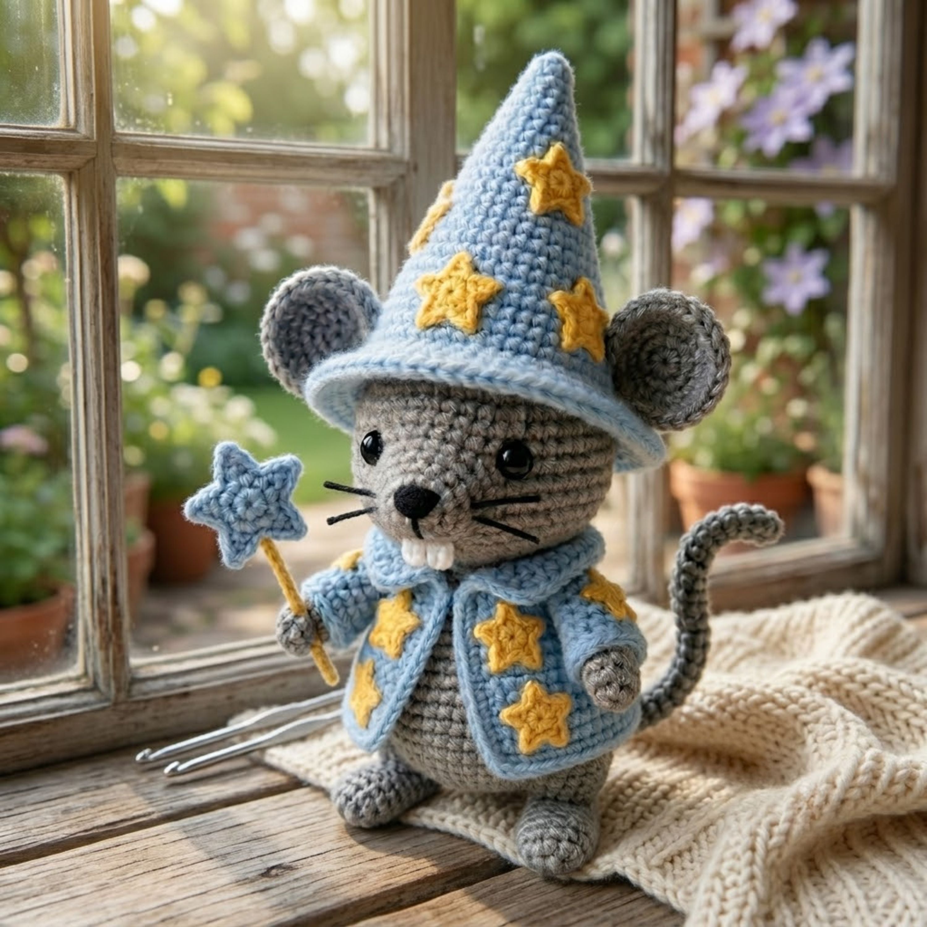 Wizard Mouse Crochet Plush, Handmade Amigurumi Star Mage Doll, Kawaii Fantasy Mouse Toy, Cute Nursery Decor, Magic Wand Gift, Shelf Display