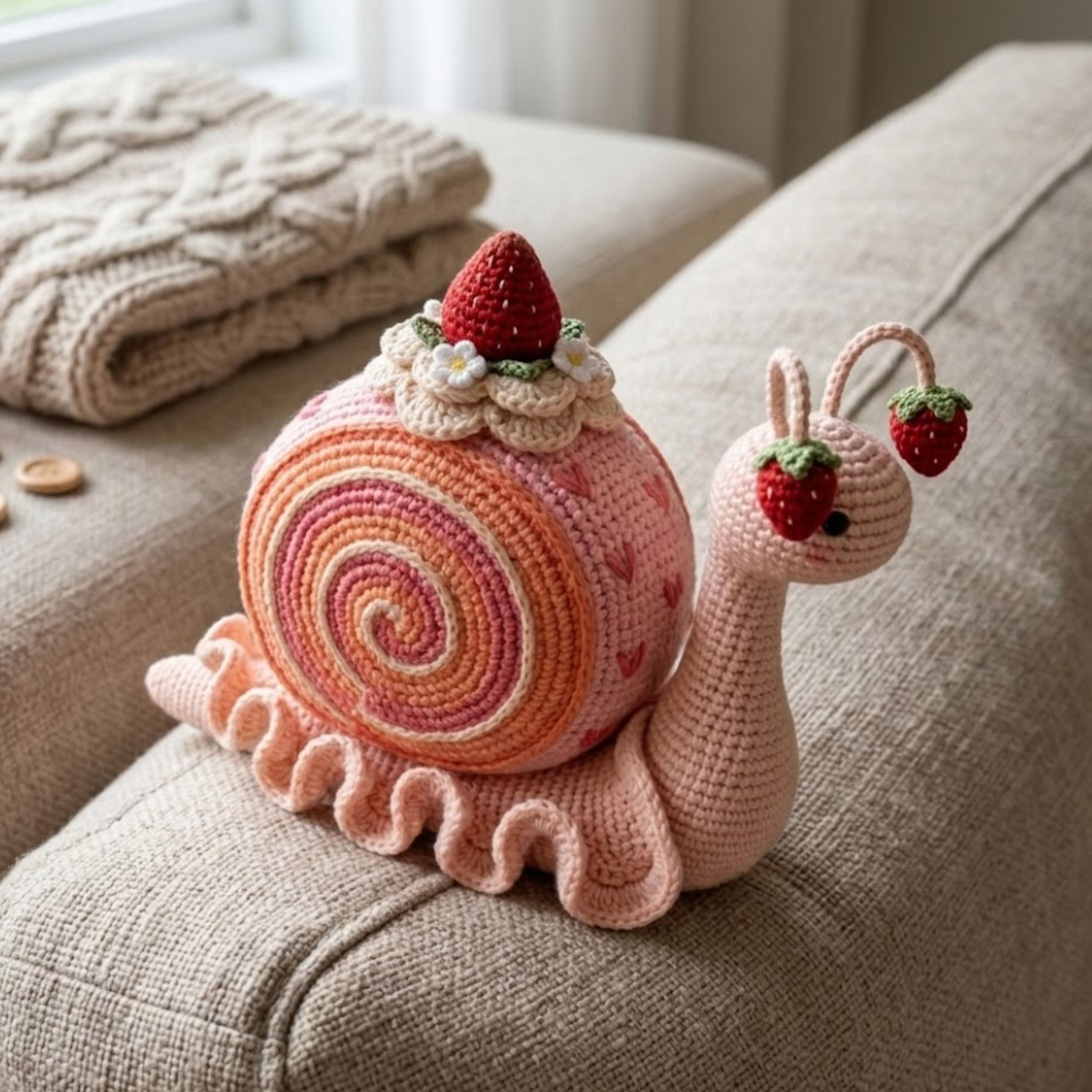 Cute Crochet Strawberry Snail Plush, Kawaii Amigurumi Dessert Baby Toy, Handmade Spring Nursery Decor Gift, Soft 3D Garden Doll Sizes 4-12in