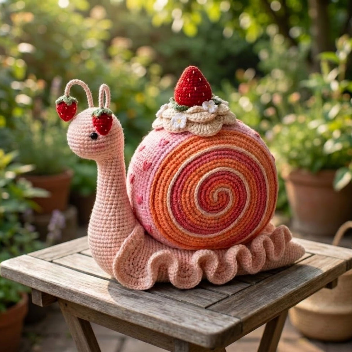 Cute Crochet Strawberry Snail Plush, Kawaii Amigurumi Dessert Baby Toy, Handmade Spring Nursery Decor Gift, Soft 3D Garden Doll Sizes 4-12in