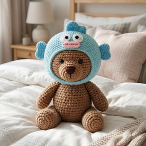 Cute Crochet Teddy Bear Doll Plush, Kawaii Amigurumi Blue Monster Hoodie Baby Toy, Handmade Nursery Decor Gift, Soft Bear Plush Sizes 4-12in