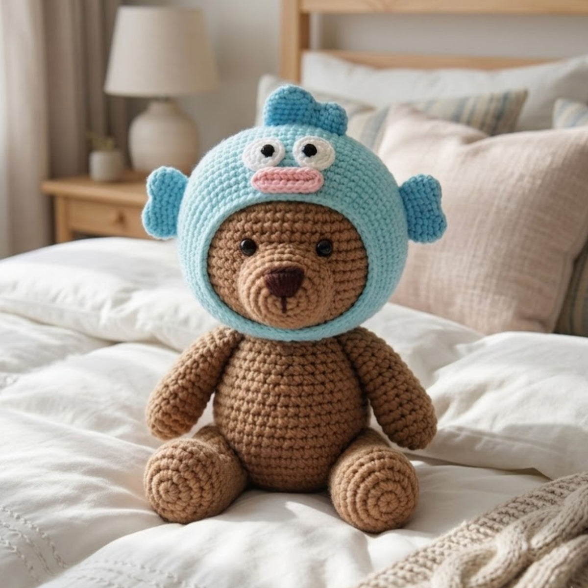 Cute Crochet Teddy Bear Doll Plush, Kawaii Amigurumi Blue Monster Hoodie Baby Toy, Handmade Nursery Decor Gift, Soft Bear Plush Sizes 4-12in