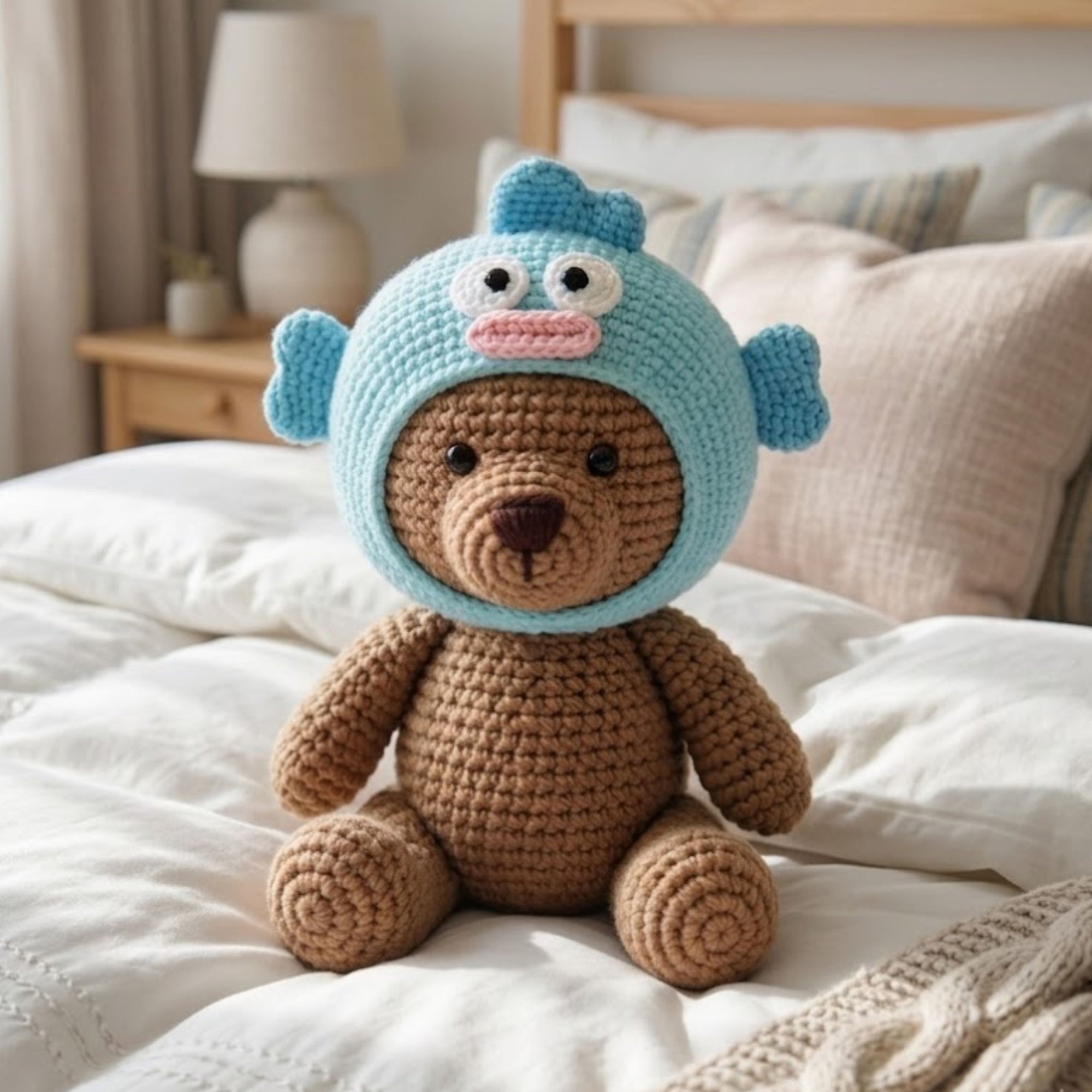 Cute Crochet Teddy Bear Doll Plush, Kawaii Amigurumi Blue Monster Hoodie Baby Toy, Handmade Nursery Decor Gift, Soft Bear Plush Sizes 4-12in