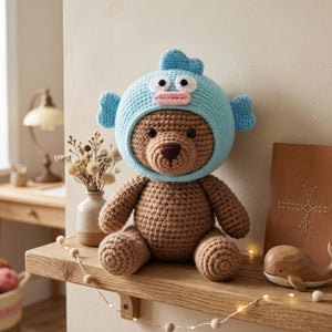 Cute Crochet Teddy Bear Doll Plush, Kawaii Amigurumi Blue Monster Hoodie Baby Toy, Handmade Nursery Decor Gift, Soft Bear Plush Sizes 4-12in