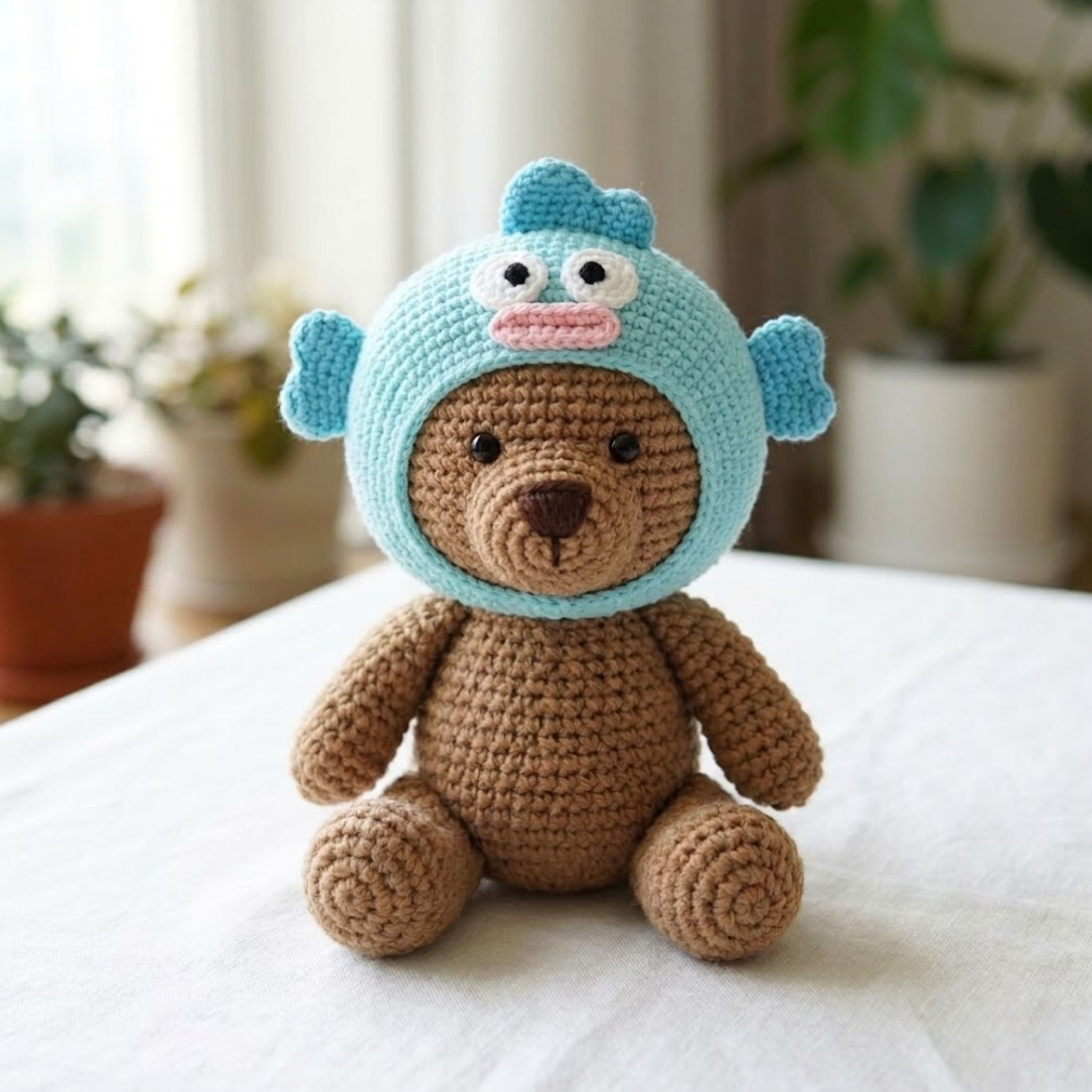 Cute Crochet Teddy Bear Doll Plush, Kawaii Amigurumi Blue Monster Hoodie Baby Toy, Handmade Nursery Decor Gift, Soft Bear Plush Sizes 4-12in