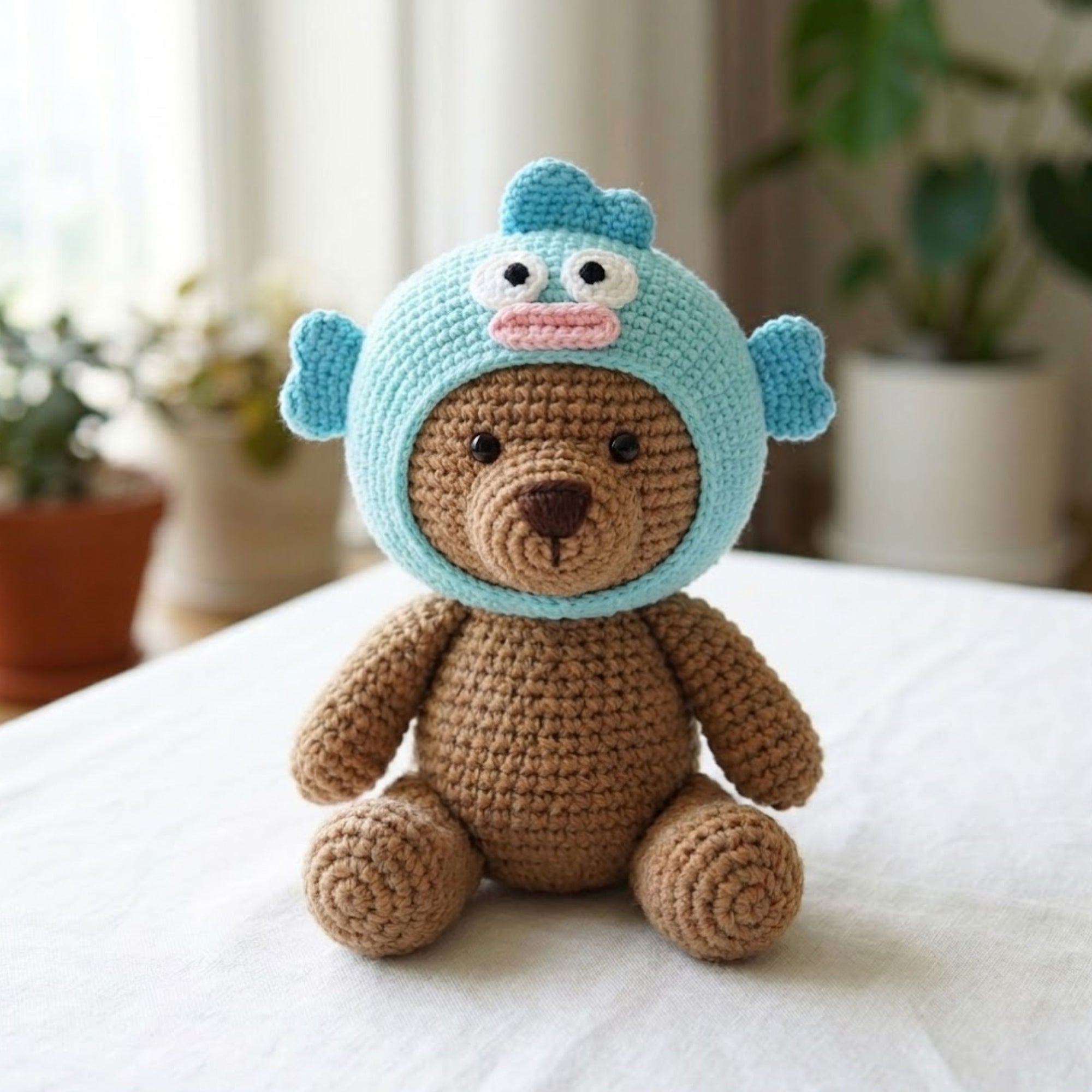 Cute Crochet Teddy Bear Doll Plush, Kawaii Amigurumi Blue Monster Hoodie Baby Toy, Handmade Nursery Decor Gift, Soft Bear Plush Sizes 4-12in