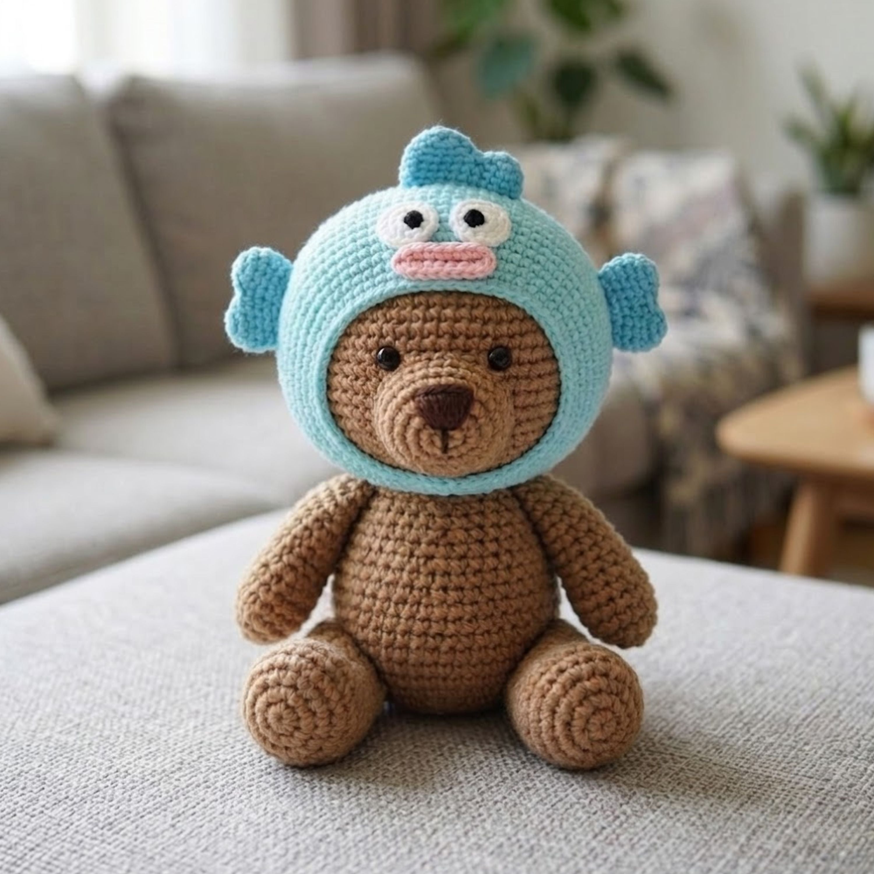 Cute Crochet Teddy Bear Doll Plush, Kawaii Amigurumi Blue Monster Hoodie Baby Toy, Handmade Nursery Decor Gift, Soft Bear Plush Sizes 4-12in