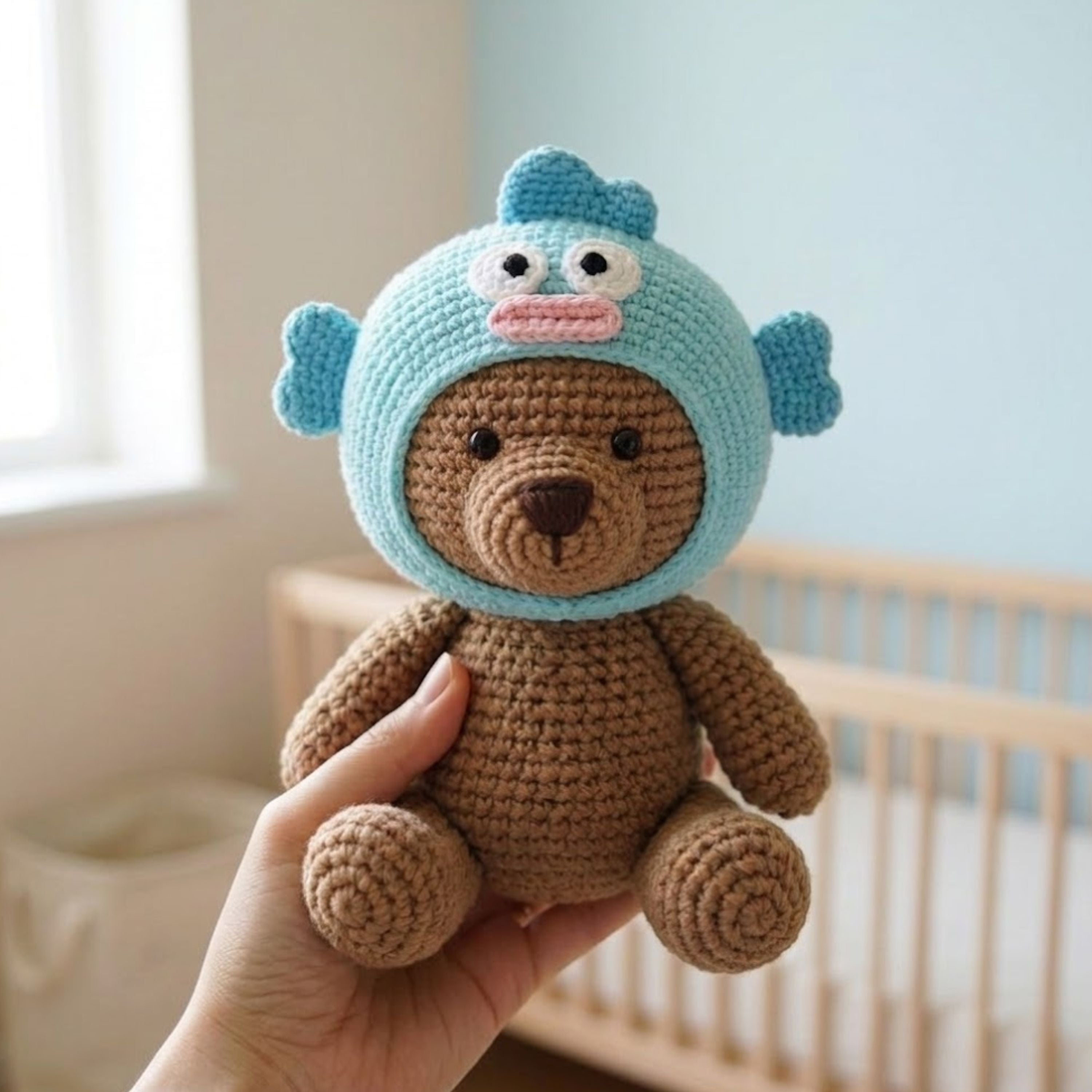 Cute Crochet Teddy Bear Doll Plush, Kawaii Amigurumi Blue Monster Hoodie Baby Toy, Handmade Nursery Decor Gift, Soft Bear Plush Sizes 4-12in