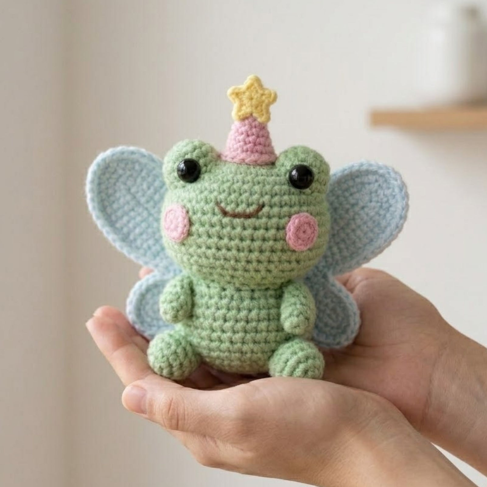 Cute Crochet Fairy Frog Doll Plush, Kawaii Amigurumi Winged Frog Baby Toy, Handmade Pastel Nursery Decor Gift, Soft Magic Plush Sizes 4-12in