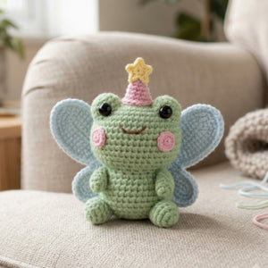Cute Crochet Fairy Frog Doll Plush, Kawaii Amigurumi Winged Frog Baby Toy, Handmade Pastel Nursery Decor Gift, Soft Magic Plush Sizes 4-12in