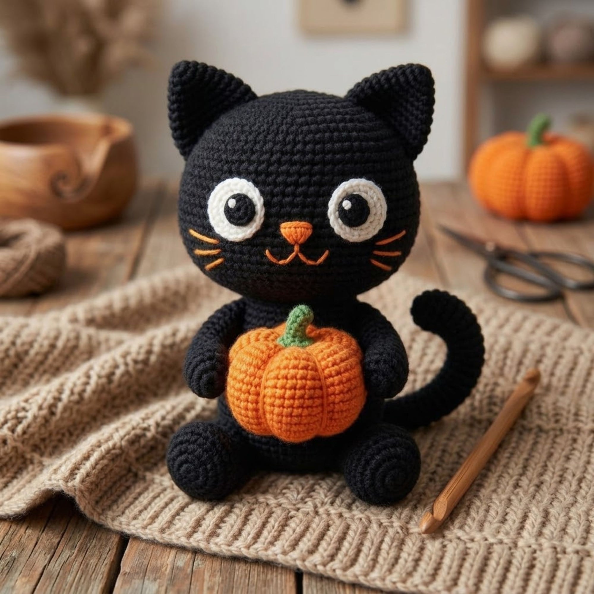 Cute Crochet Black Cat Doll Plush, Kawaii Amigurumi Pumpkin Baby Toy, Handmade Halloween Nursery Decor Gift, Soft Cat Plush Sizes 4-12in