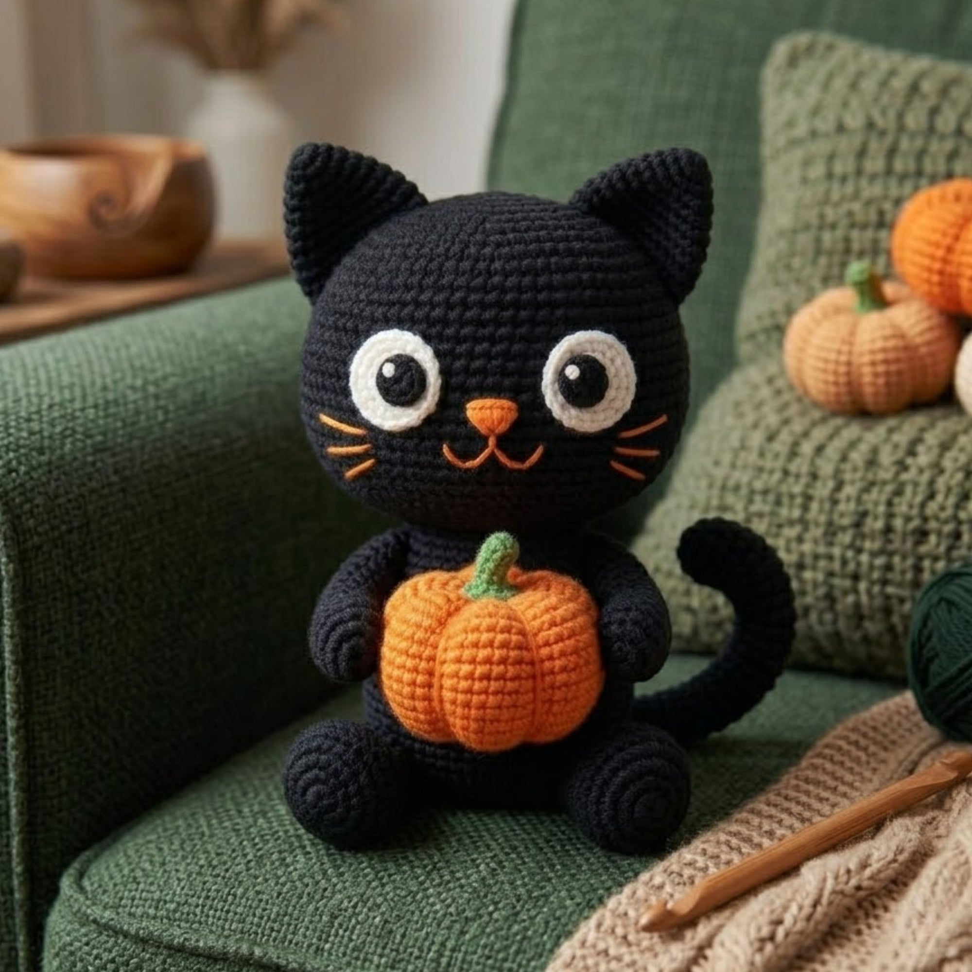 Cute Crochet Black Cat Doll Plush, Kawaii Amigurumi Pumpkin Baby Toy, Handmade Halloween Nursery Decor Gift, Soft Cat Plush Sizes 4-12in