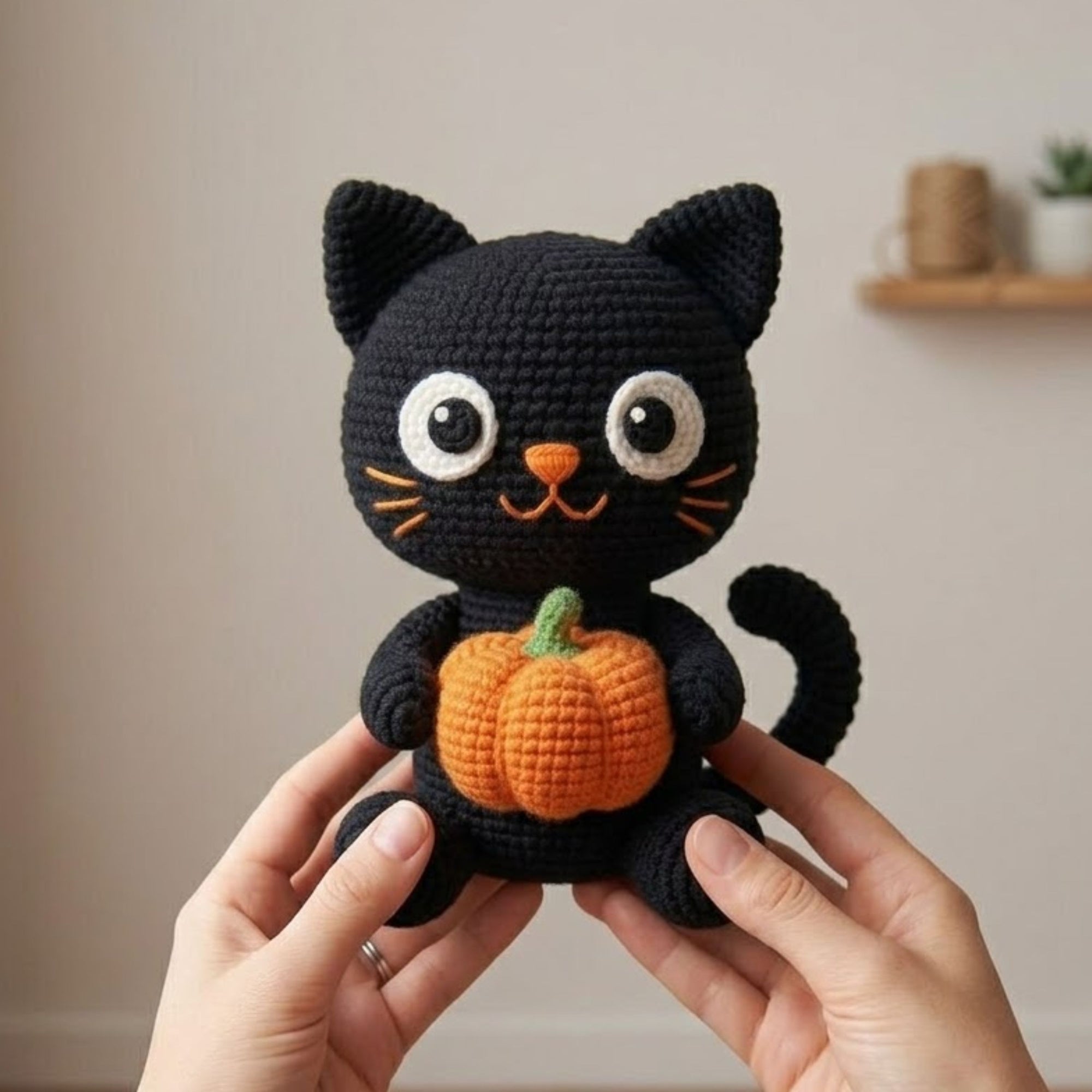 Cute Crochet Black Cat Doll Plush, Kawaii Amigurumi Pumpkin Baby Toy, Handmade Halloween Nursery Decor Gift, Soft Cat Plush Sizes 4-12in
