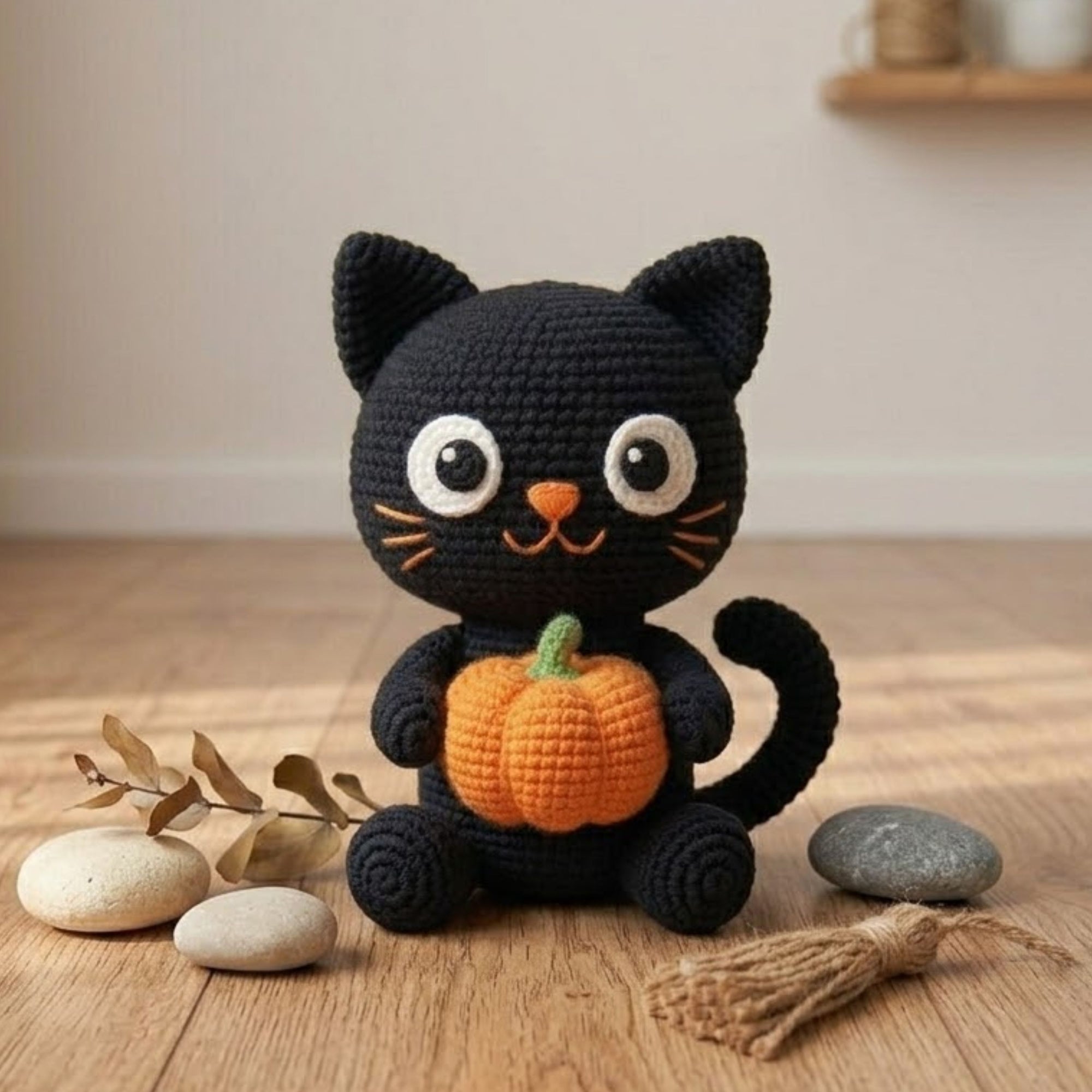 Cute Crochet Black Cat Doll Plush, Kawaii Amigurumi Pumpkin Baby Toy, Handmade Halloween Nursery Decor Gift, Soft Cat Plush Sizes 4-12in