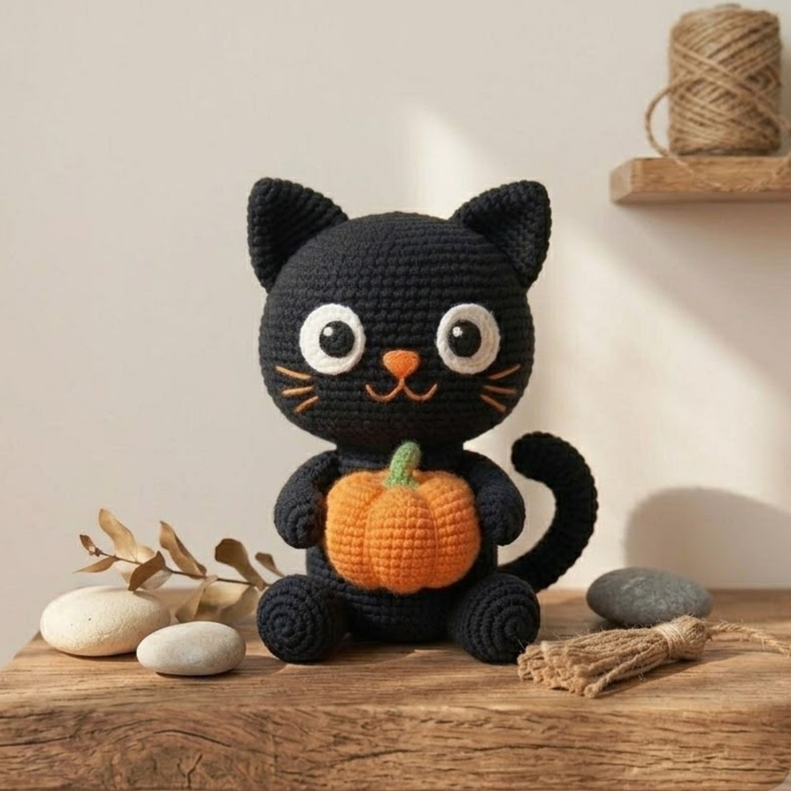 Cute Crochet Black Cat Doll Plush, Kawaii Amigurumi Pumpkin Baby Toy, Handmade Halloween Nursery Decor Gift, Soft Cat Plush Sizes 4-12in