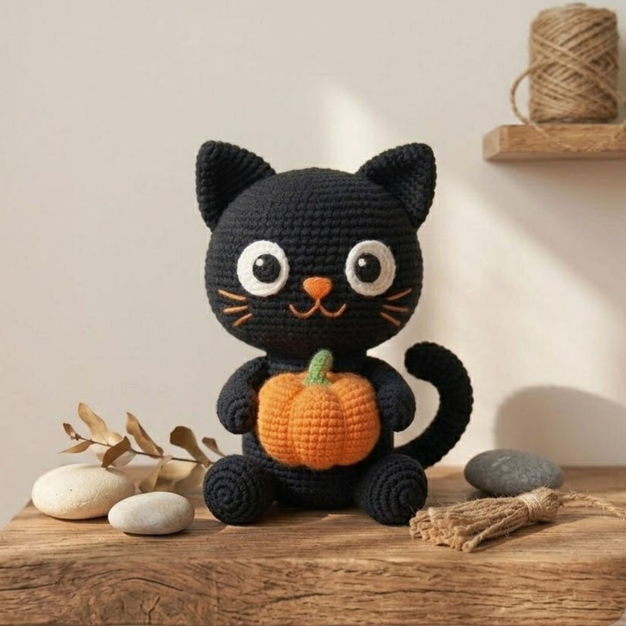Cute Crochet Black Cat Doll Plush, Kawaii Amigurumi Pumpkin Baby Toy, Handmade Halloween Nursery Decor Gift, Soft Cat Plush Sizes 4-12in