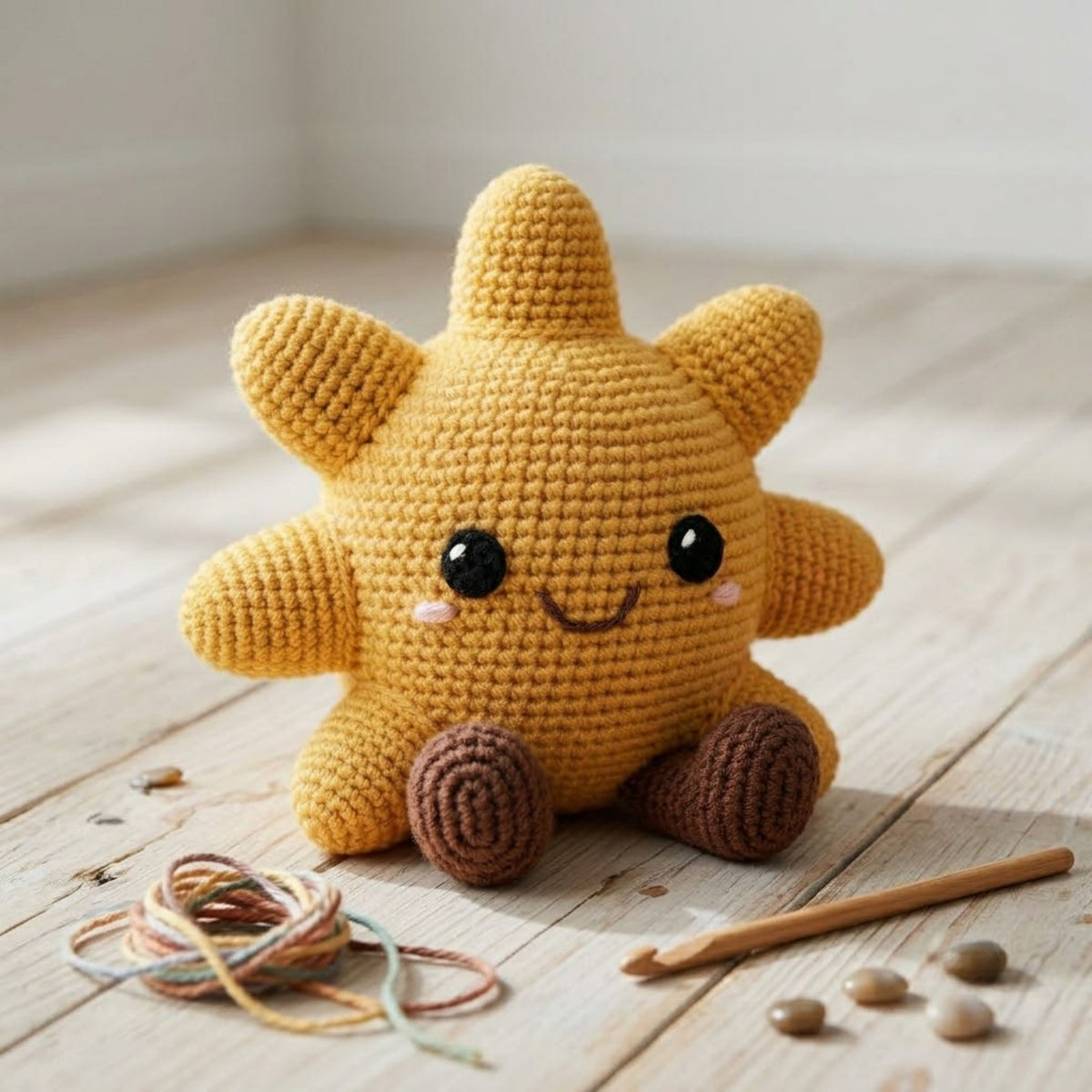 Cute Crochet Smiling Sun Doll Plush, Kawaii Amigurumi Sunshine Baby Toy, Handmade Spring Nursery Decor Gift, Soft Yellow Plush Sizes 4-12in