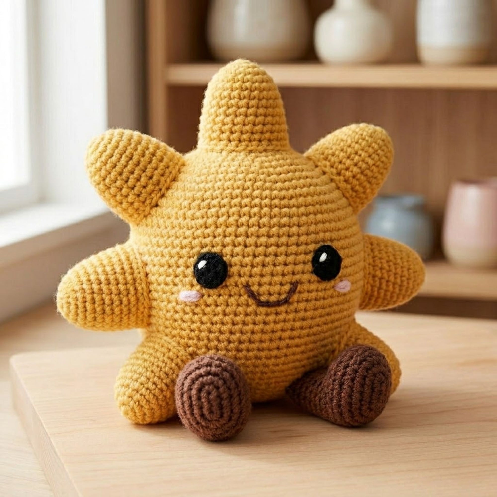 Cute Crochet Smiling Sun Doll Plush, Kawaii Amigurumi Sunshine Baby Toy, Handmade Spring Nursery Decor Gift, Soft Yellow Plush Sizes 4-12in