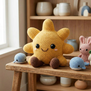 Cute Crochet Smiling Sun Doll Plush, Kawaii Amigurumi Sunshine Baby Toy, Handmade Spring Nursery Decor Gift, Soft Yellow Plush Sizes 4-12in