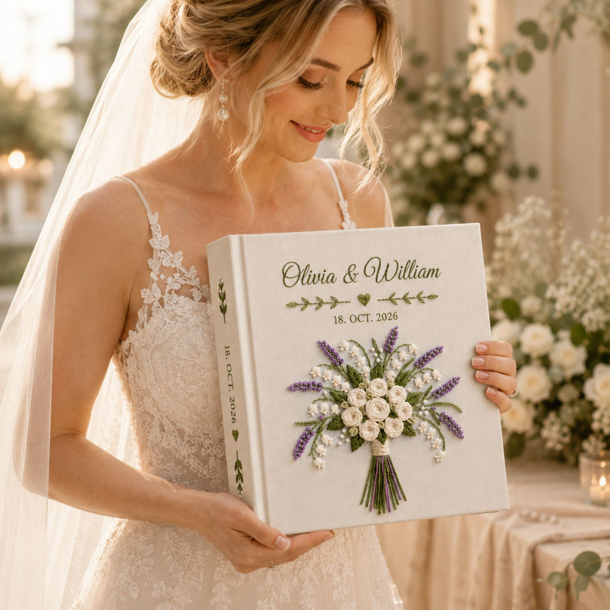 Custom Embroidered Wedding Photo Album, Lavender Lily of the Valley and Rose Bouquet Memory Book, Couple Memory Book Gift, Anniversary Gift