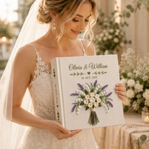 Custom Embroidered Wedding Photo Album, Lavender Lily of the Valley and Rose Bouquet Memory Book, Couple Memory Book Gift, Anniversary Gift