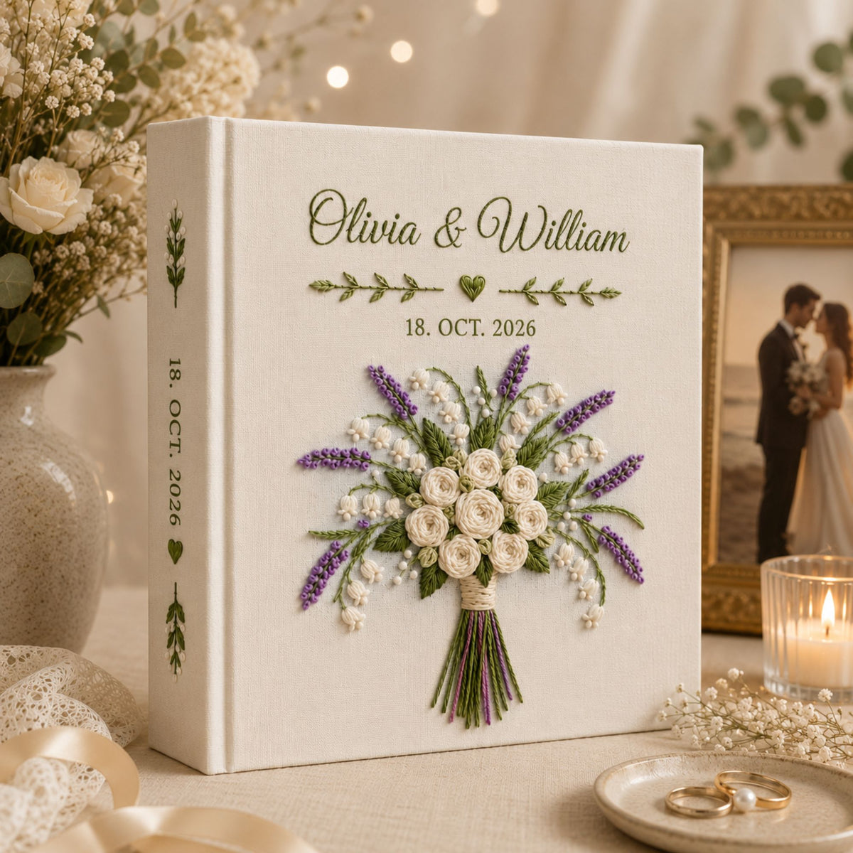 Custom Embroidered Wedding Photo Album, Lavender Lily of the Valley and Rose Bouquet Memory Book, Couple Memory Book Gift, Anniversary Gift