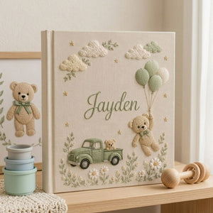 Personalized Baby Photo Album, Hand Embroidered Dinosaur Memory Book, Custom Name Keepsake, Woodland Nursery Gift, Newborn, Baby Shower Gift
